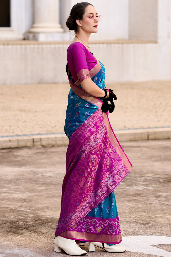 French Blue Soft Silk Saree with Ikkat Border