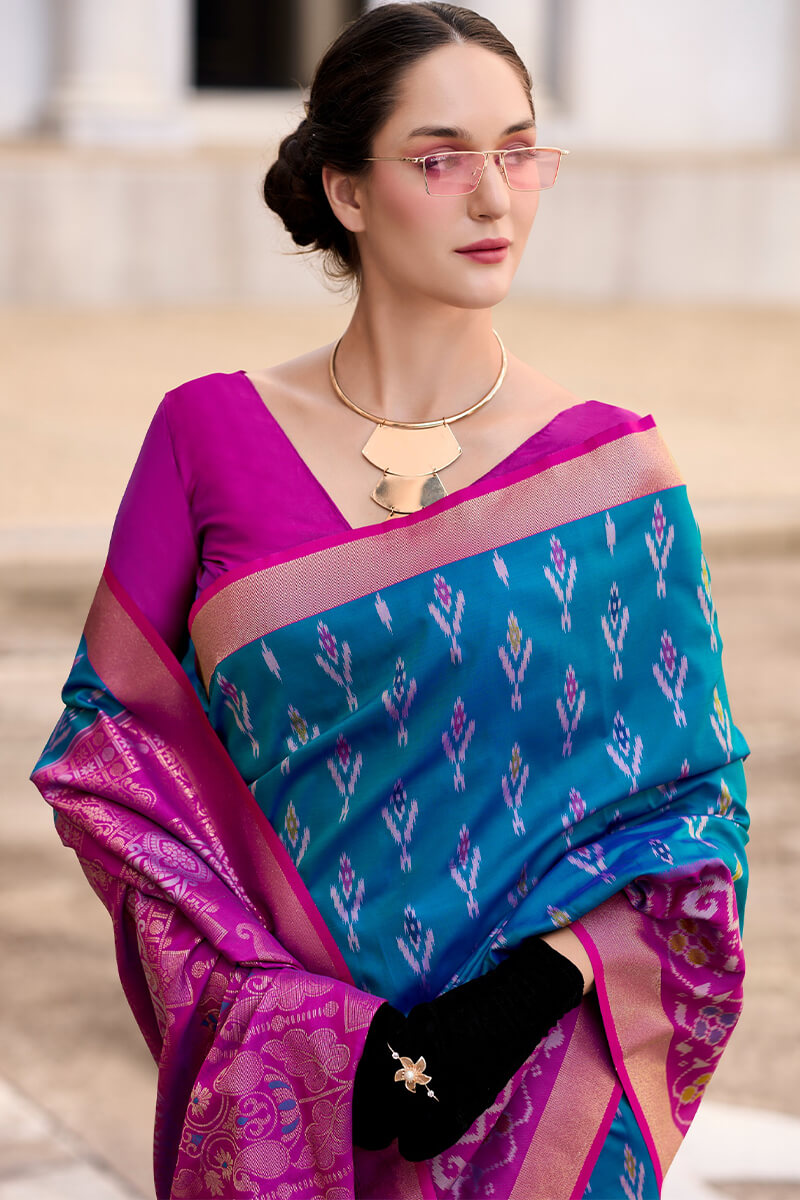 French Blue Soft Silk Saree with Ikkat Border