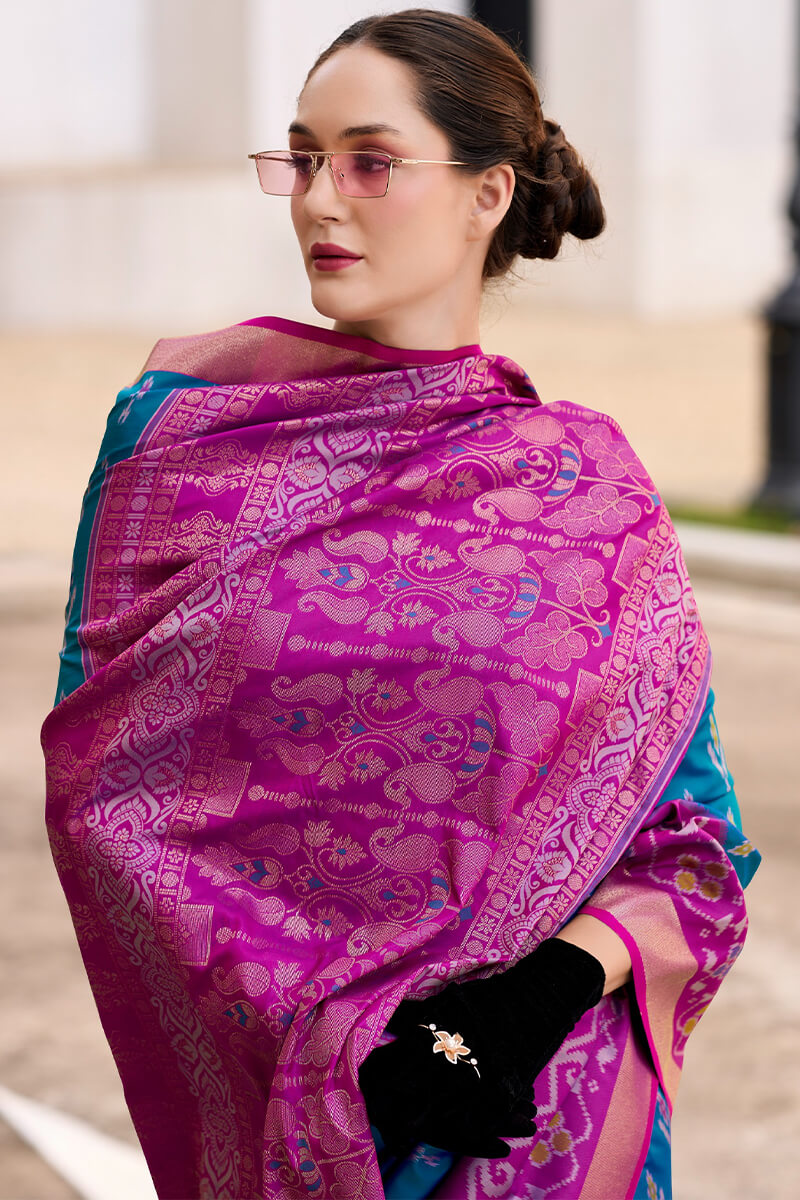 French Blue Soft Silk Saree with Ikkat Border