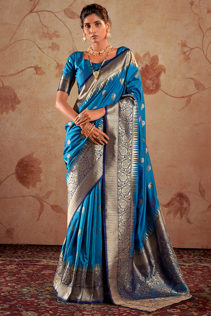 French Blue Zari Woven Soft Banarasi Silk Saree