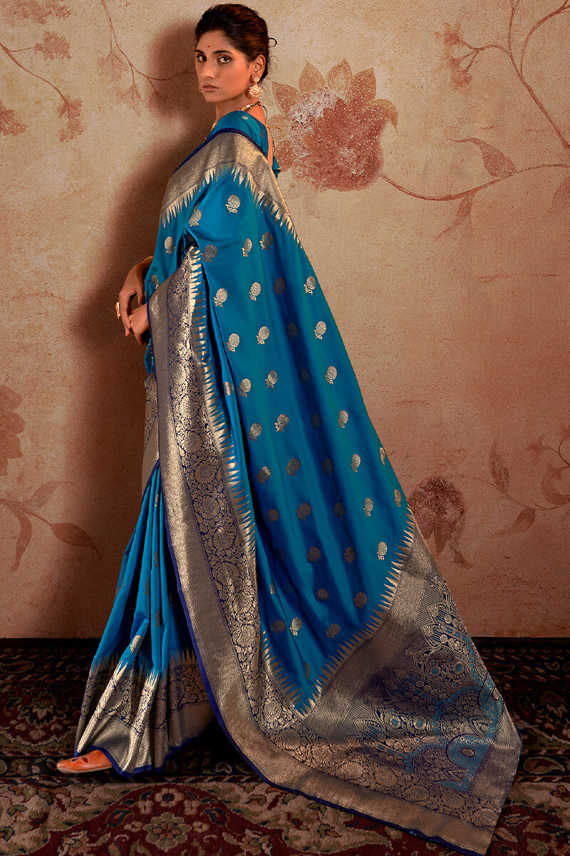 French Blue Zari Woven Soft Banarasi Silk Saree