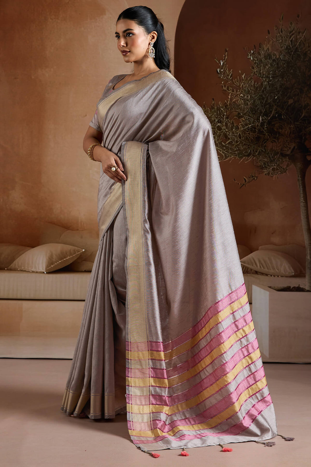 French Grey Bhagalpuri Silk Saree