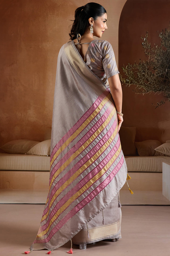 French Grey Bhagalpuri Silk Saree