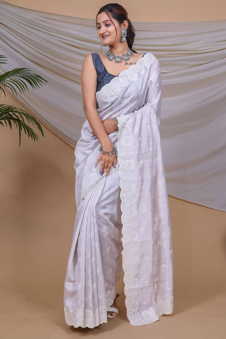 French Grey Embroidered Soft Silk Saree