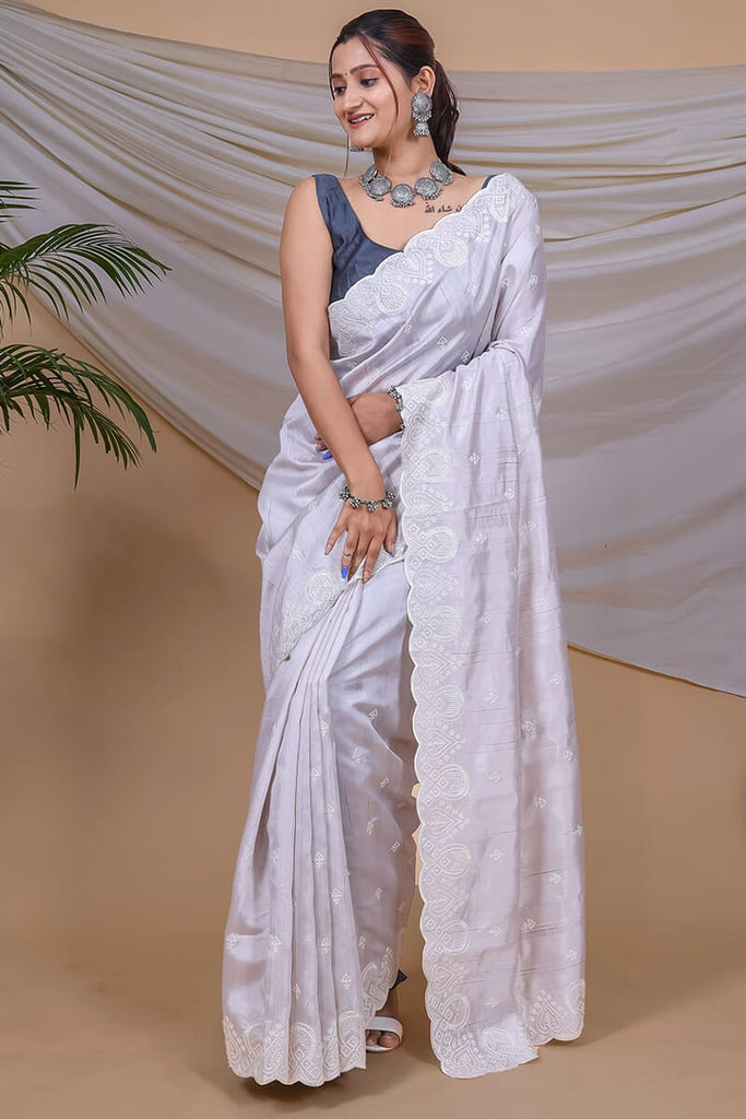 French Grey Embroidered Work Soft Silk Saree