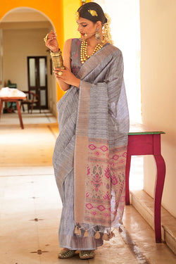 French Grey Linen Tussar Silk Saree