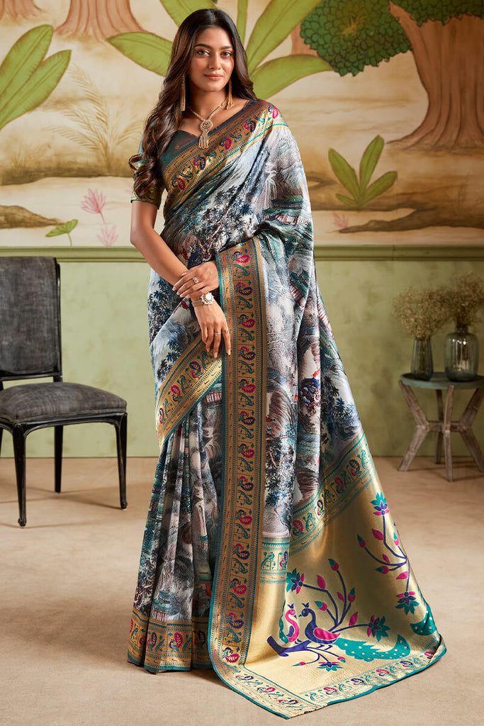 French Grey Zari Woven Paithani Silk Saree