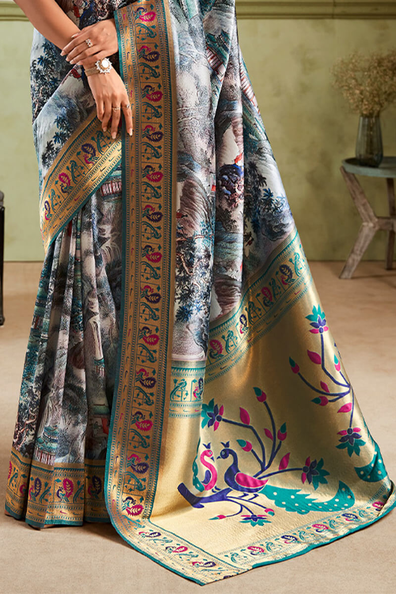 French Grey Zari Woven Paithani Silk Saree