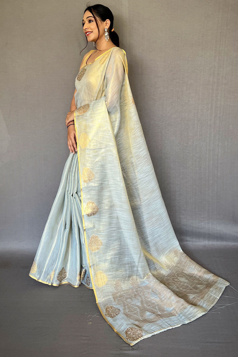 French Grey Zari Woven Tissue silk Saree