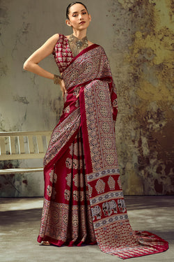 French Maroon Ajrakh Printed Satin Silk Saree