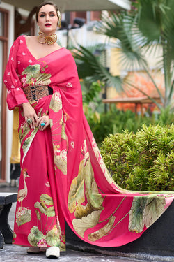 French Rose Pink Printed Georgette Silk Saree