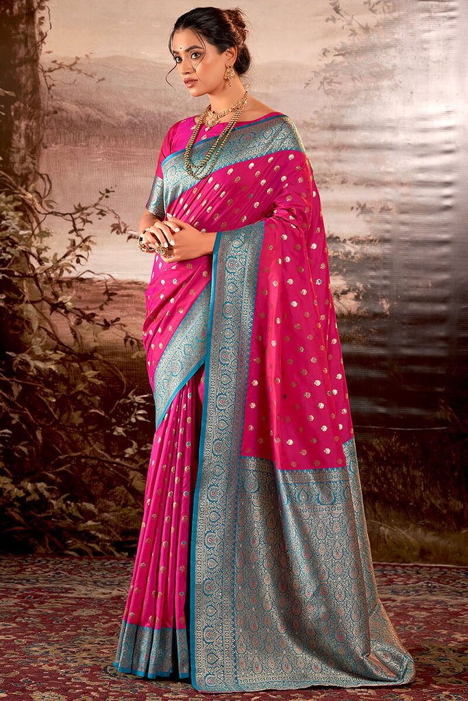 French Rose Pink Zari Woven Soft Banarasi Silk Saree