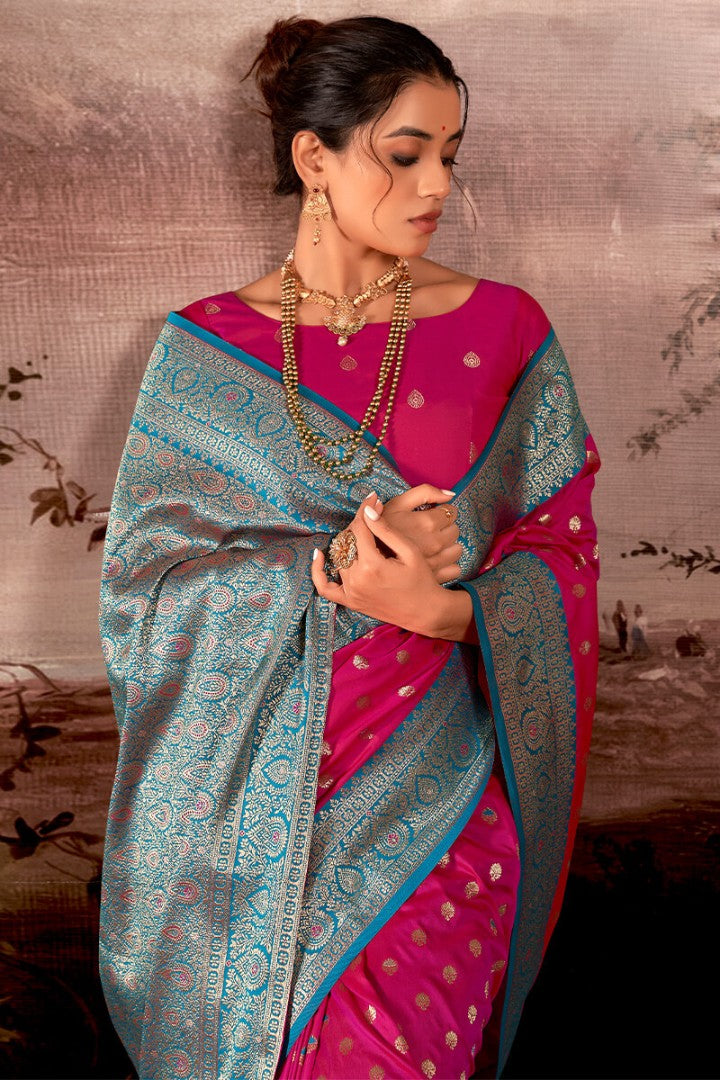 French Rose Pink Zari Woven Soft Banarasi Silk Saree