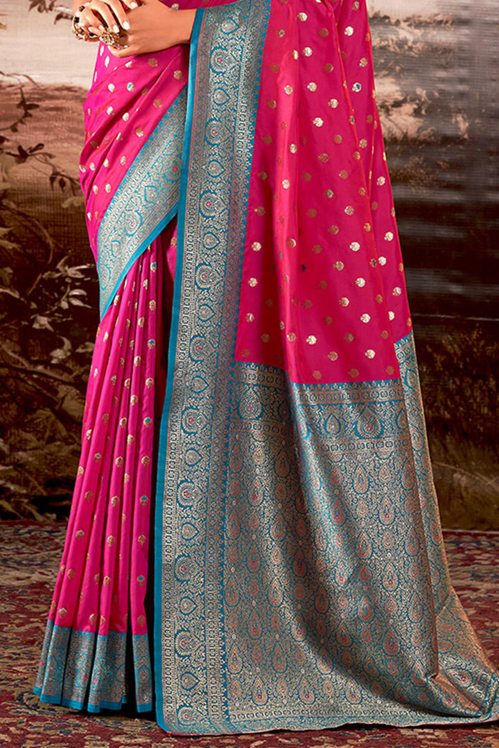 French Rose Pink Zari Woven Soft Banarasi Silk Saree