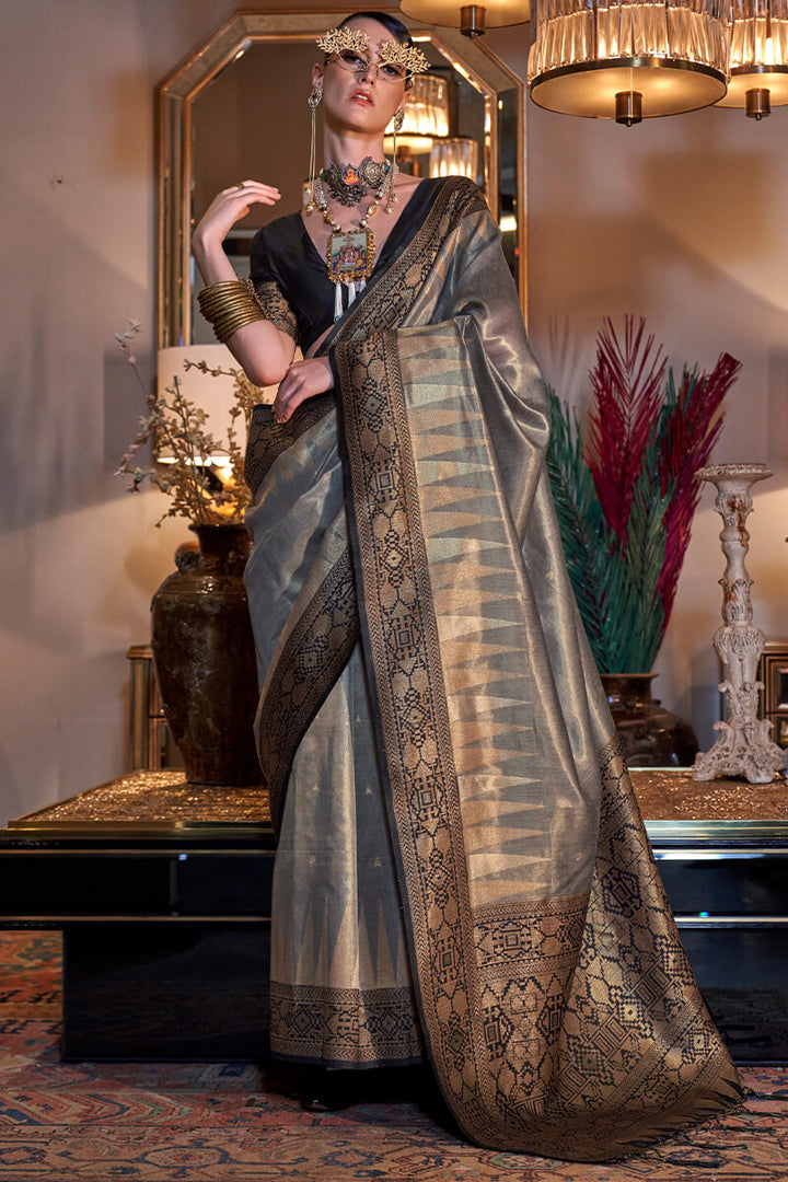 Friar Grey Banarasi Tissue Silk Saree