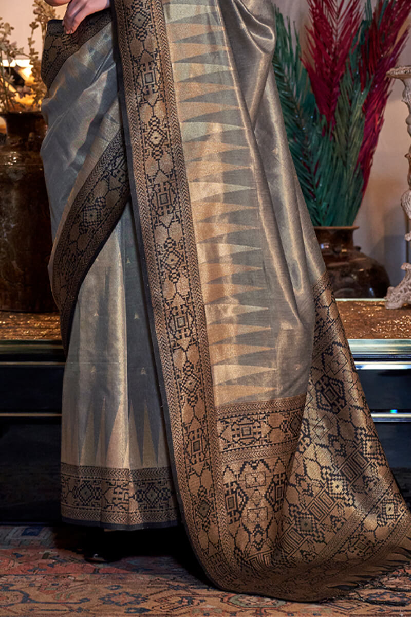 Friar Grey Banarasi Tissue Silk Saree