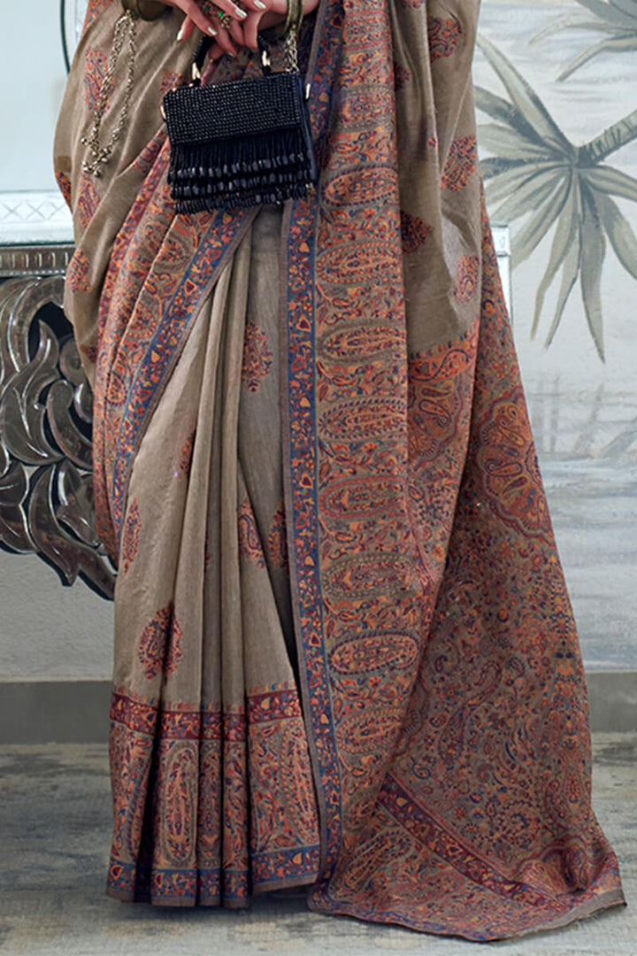 Friar Grey Kashmiri Modal Pashmina Silk Saree