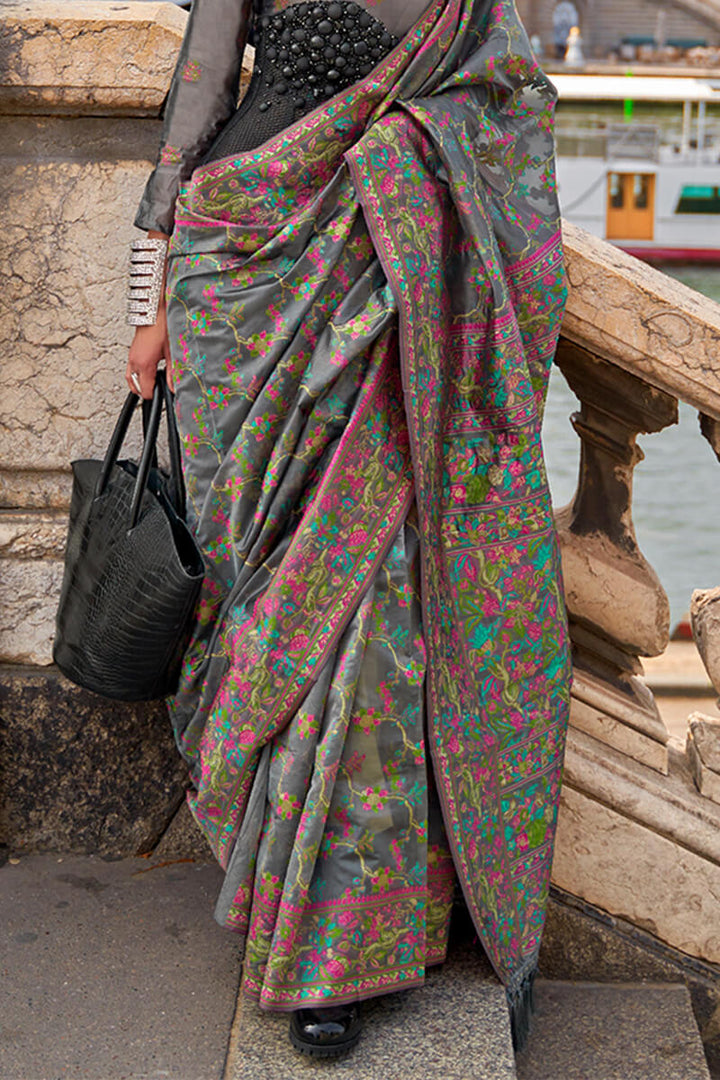 Friar Grey Kashmiri Weaving Organza Silk Saree