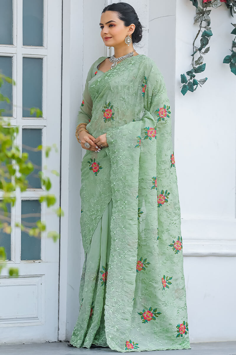 Frog Green Emboroidey Worked Chiffon Saree