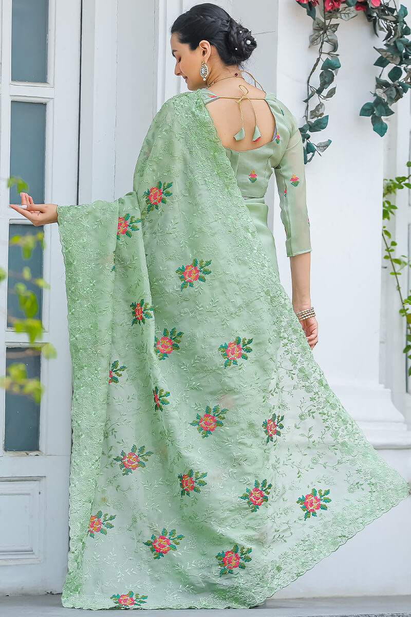 Frog Green Emboroidey Worked Chiffon Saree