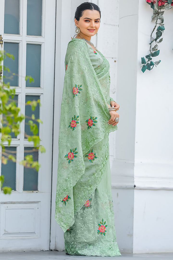 Frog Green Emboroidey Worked Chiffon Saree