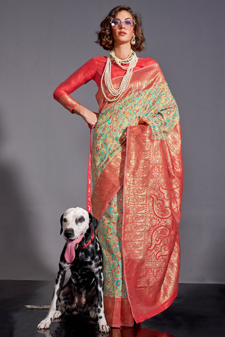 Frog Green Kashmiri Modal Silk Saree