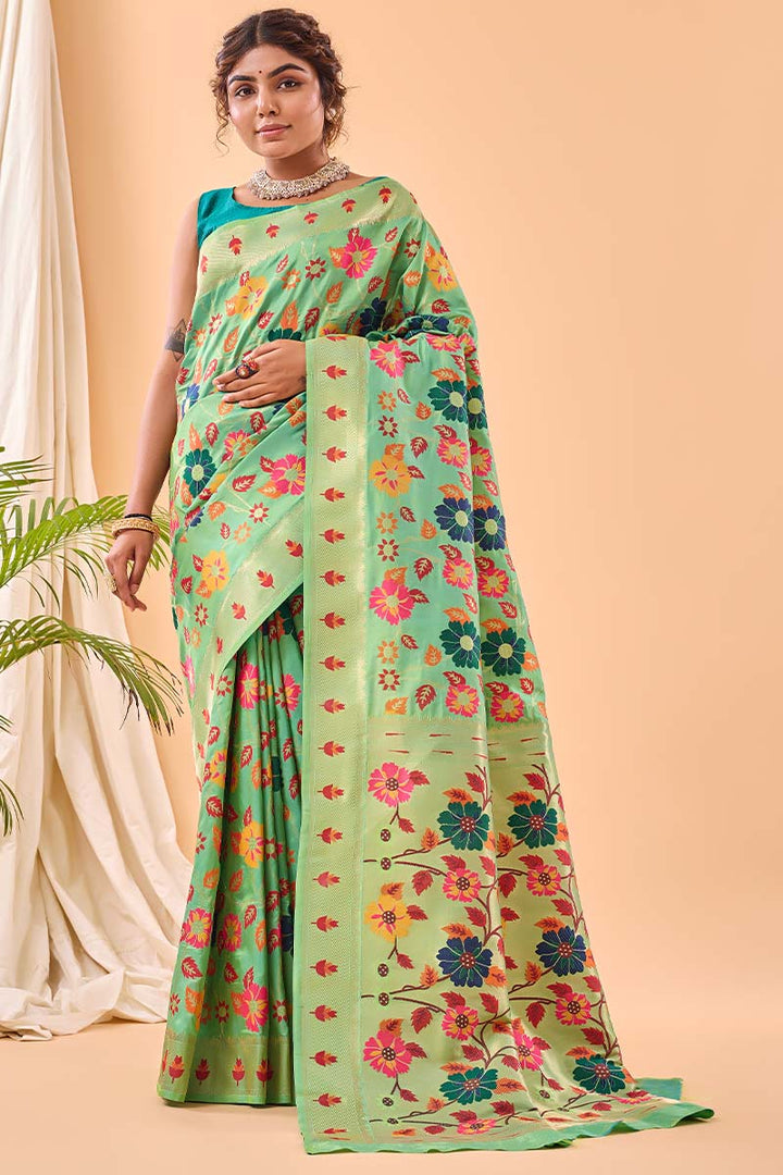 Frog Green Paithani Silk Saree