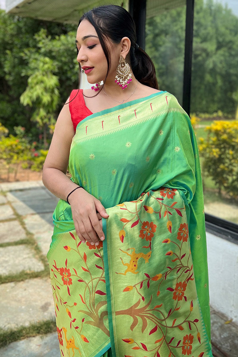 Frog Green Zari Woven Paithani Silk Saree