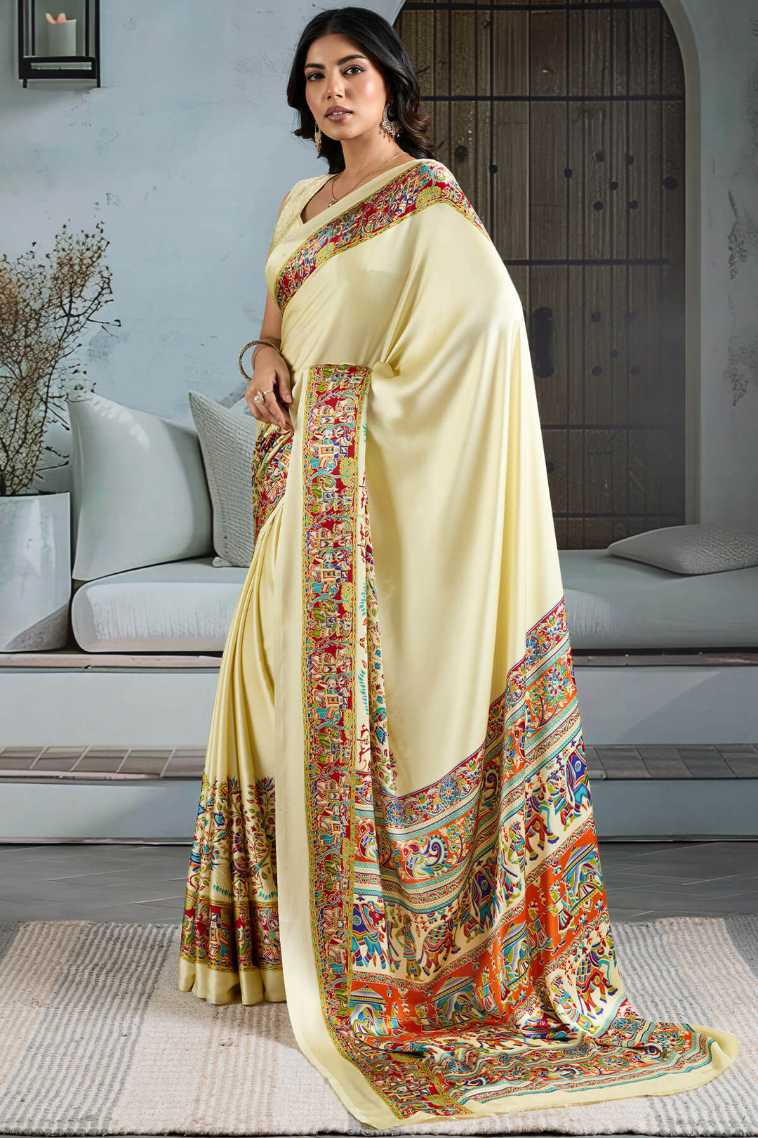 Frost Beige Ajrakh Printed Satin Silk Saree