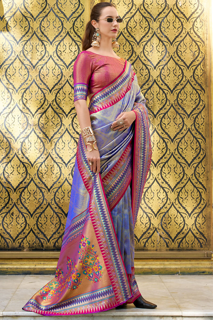 Fuchsia Blue Zari Woven Tissue Silk Saree