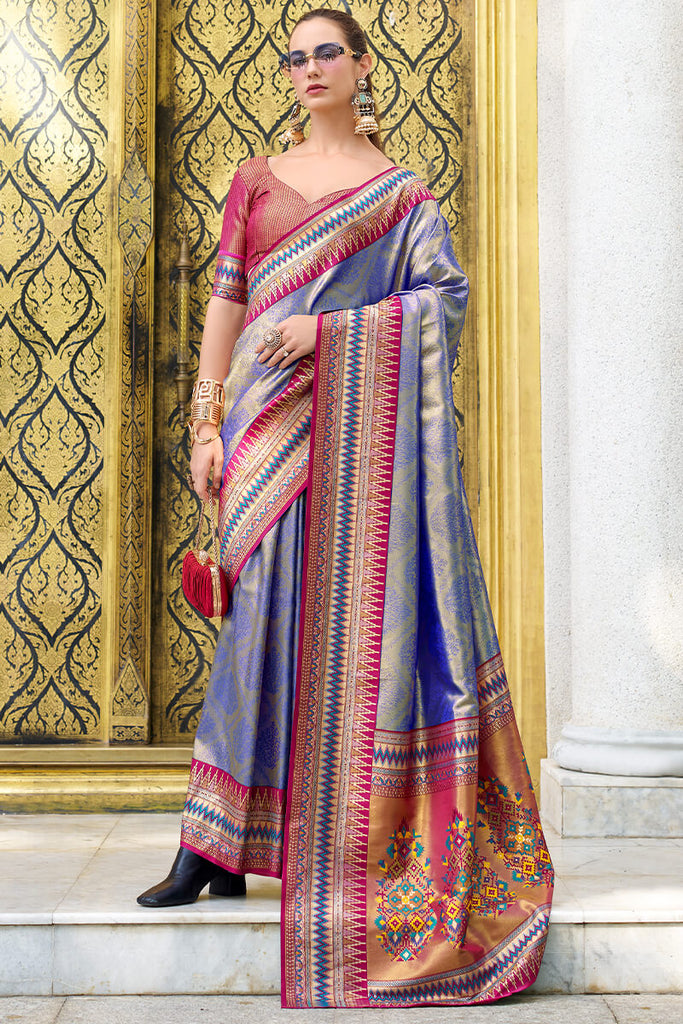 Fuchsia Blue Zari Woven Tissue Silk Saree