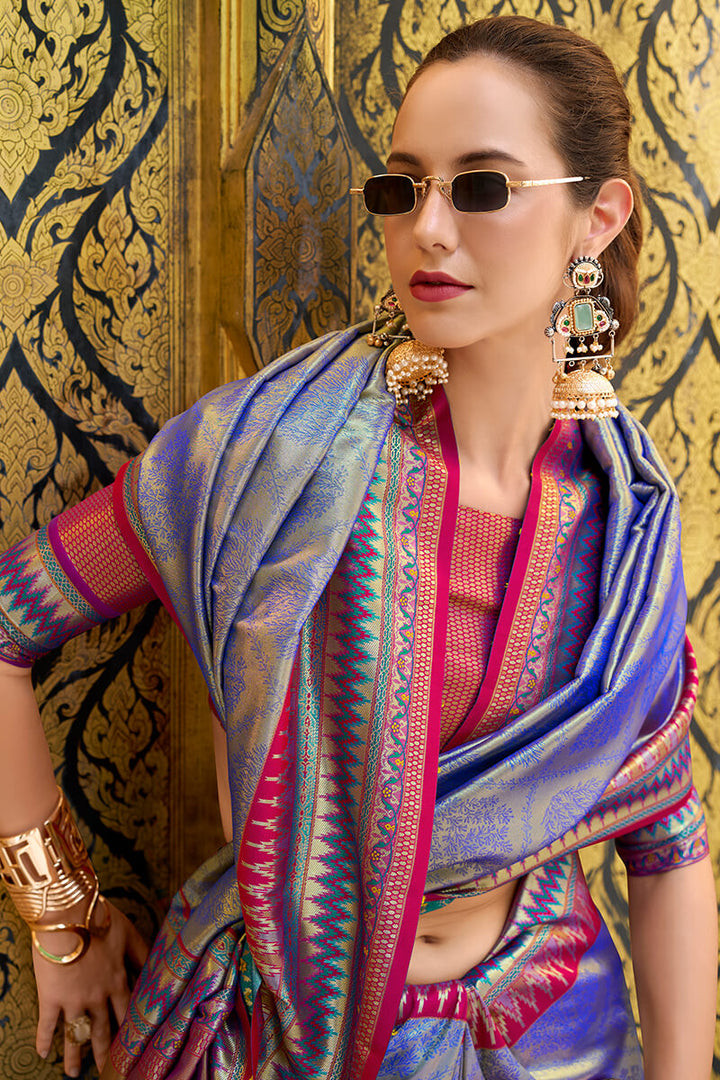 Fuchsia Blue Zari Woven Tissue Silk Saree