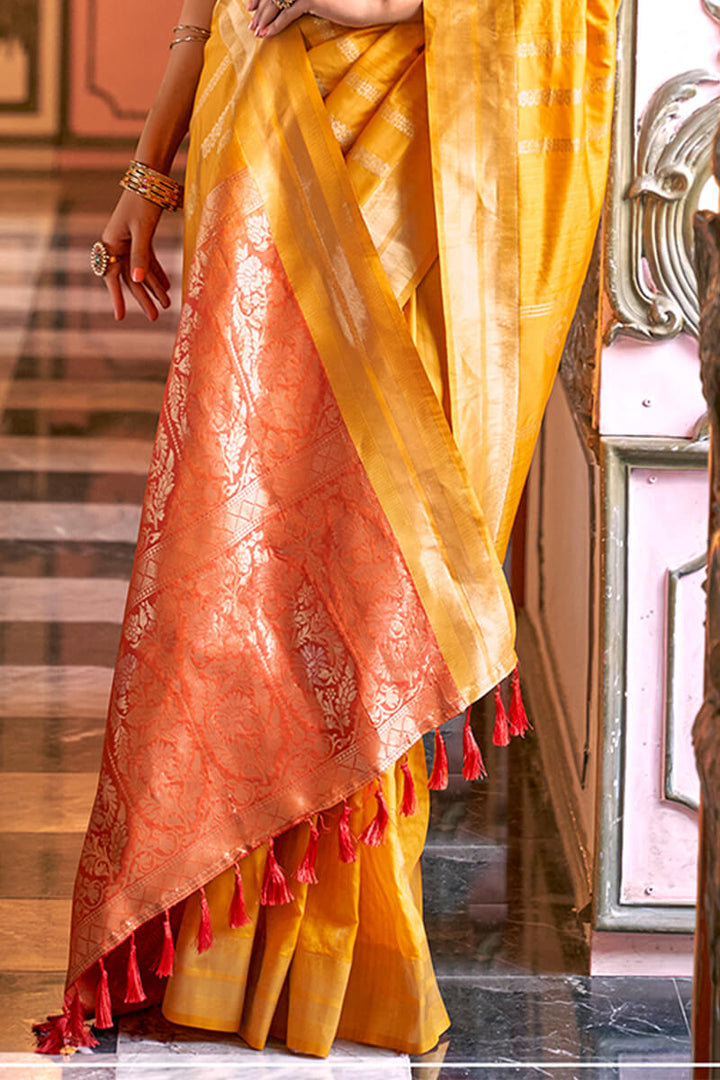 Fuel Yellow Soft Banarasi Silk Saree