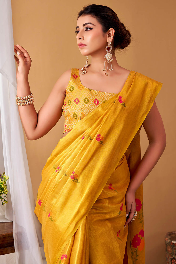 Fuel Yellow Zari Woven Banarasi Tissue Silk Saree