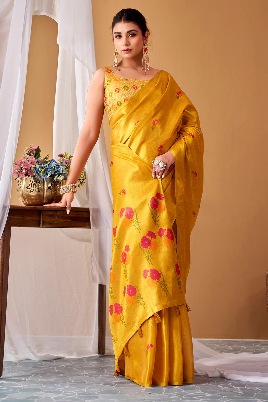 Fuel Yellow Zari Woven Banarasi Tissue Silk Saree
