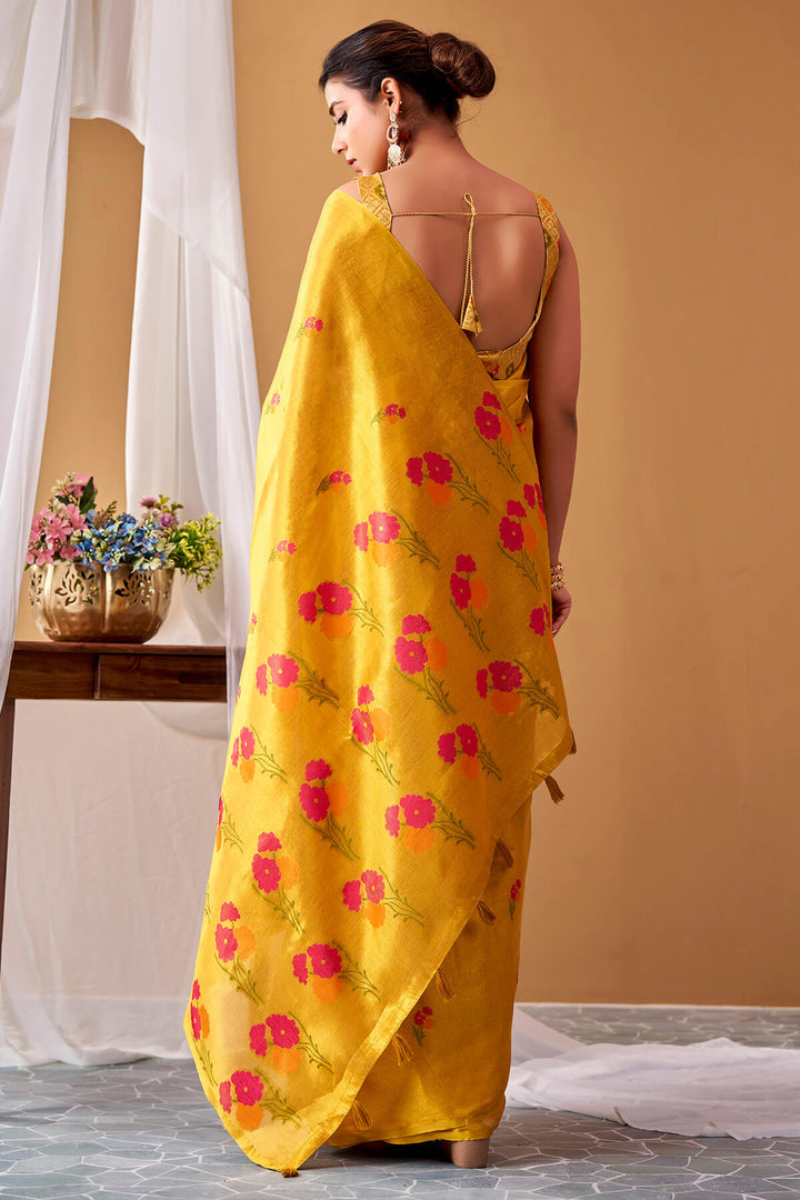 Fuel Yellow Zari Woven Banarasi Tissue Silk Saree