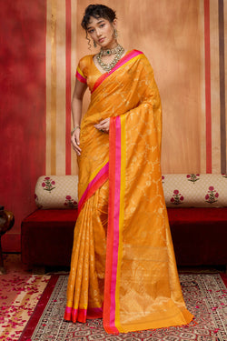 Fuel Yellow Zari Woven Soft Banarasi Silk Saree