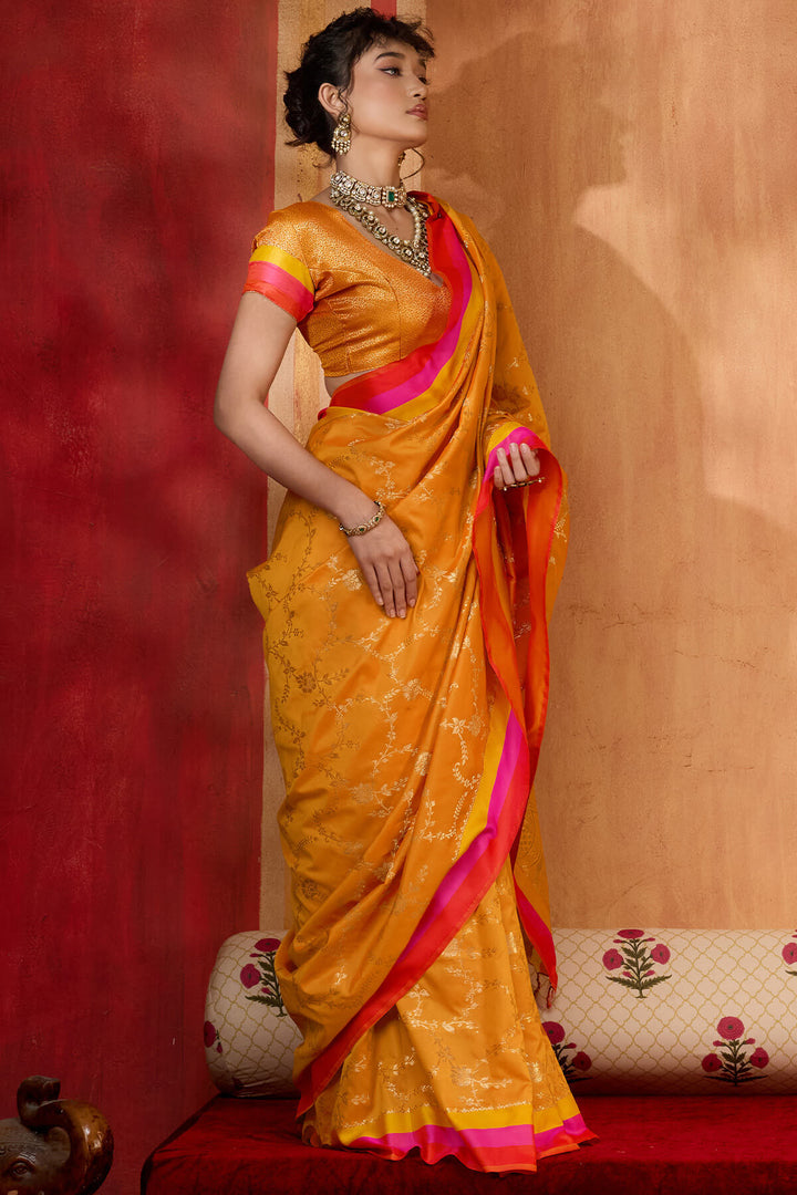 Fuel Yellow Zari Woven Soft Banarasi Silk Saree
