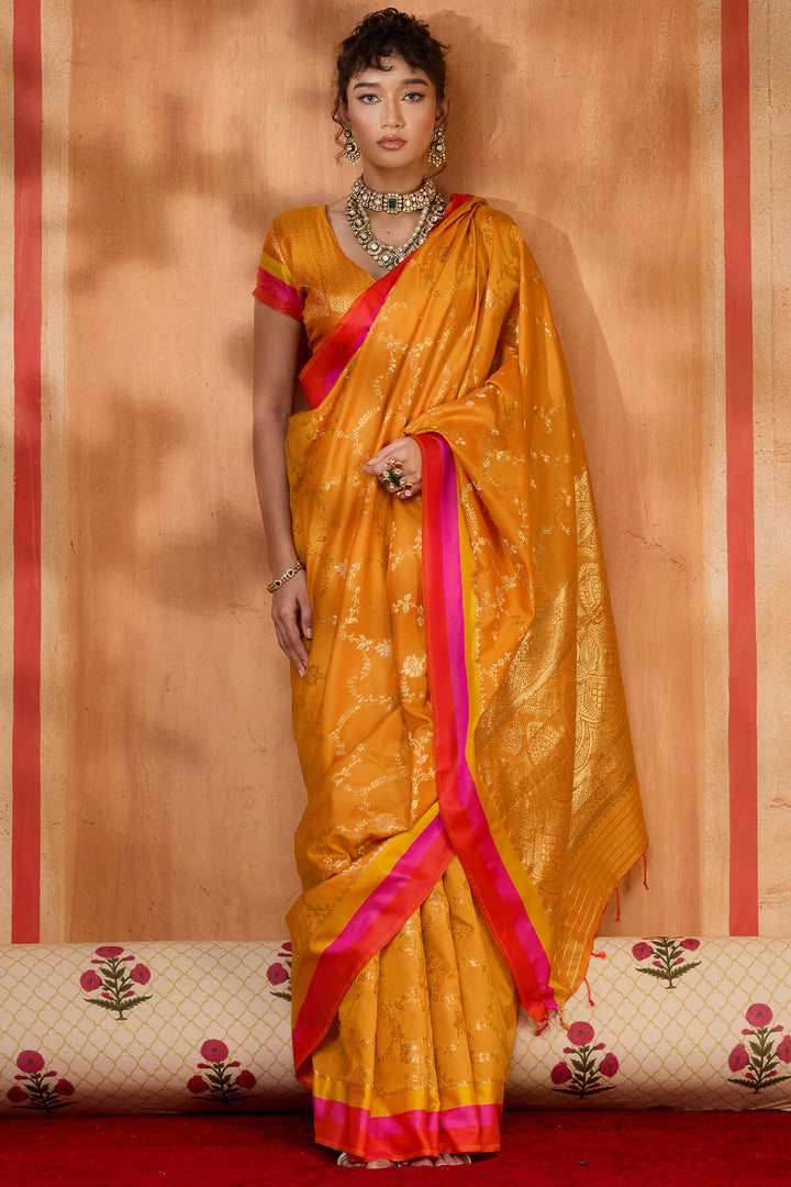 Fuel Yellow Zari Woven Soft Banarasi Silk Saree