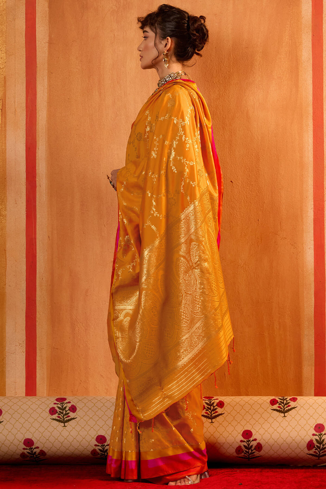 Fuel Yellow Zari Woven Soft Banarasi Silk Saree