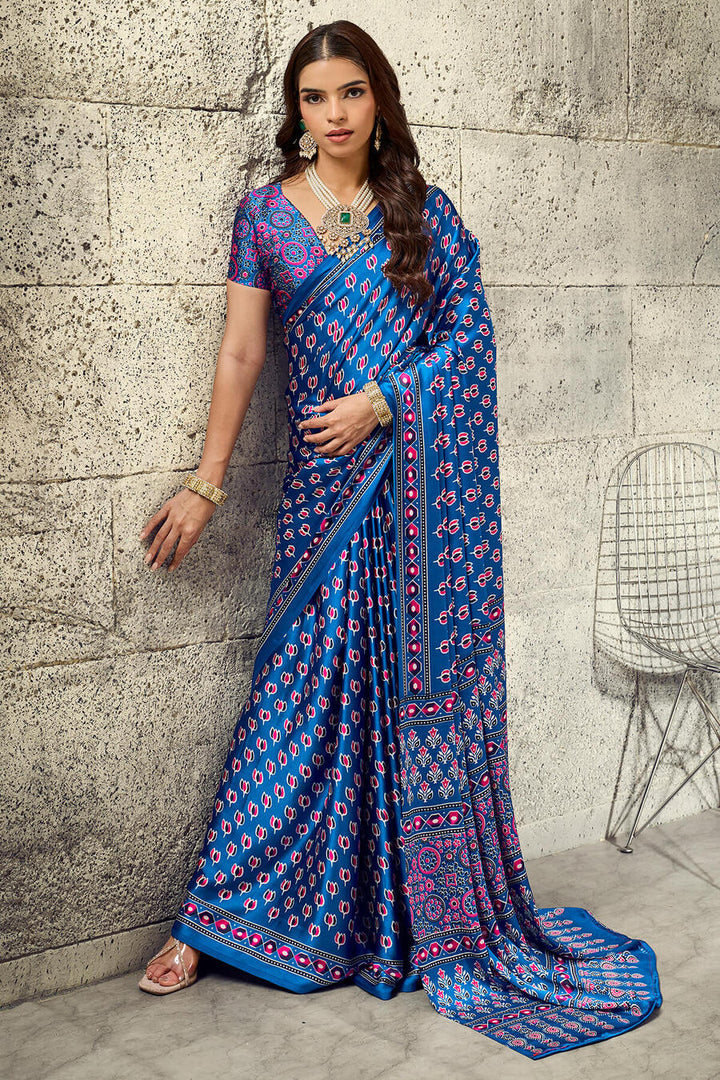 Fun Blue Ajrakh Printed Semi Modal Satin Silk Saree