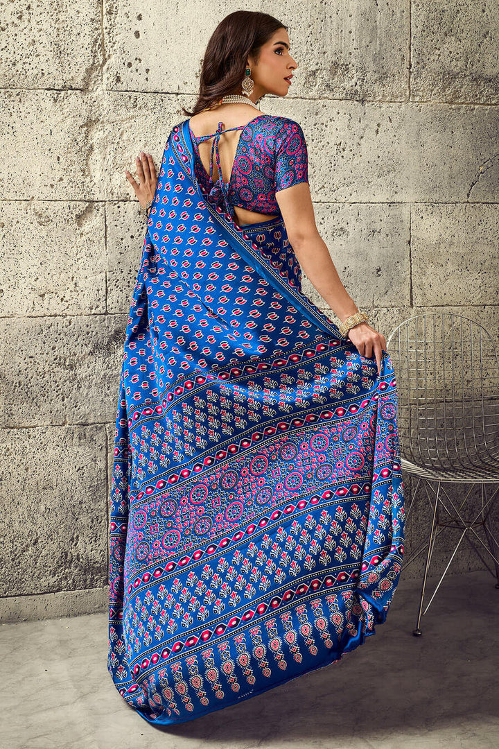 Fun Blue Ajrakh Printed Semi Modal Satin Silk Saree