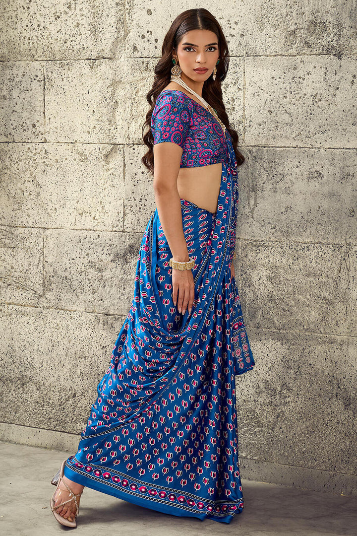 Fun Blue Ajrakh Printed Semi Modal Satin Silk Saree