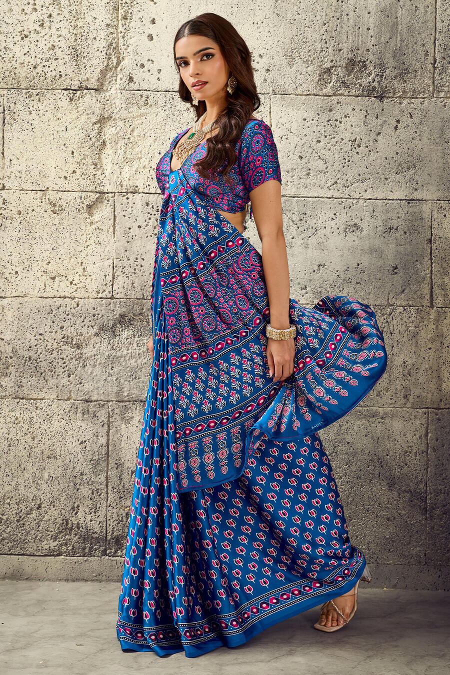 Fun Blue Ajrakh Printed Semi Modal Satin Silk Saree