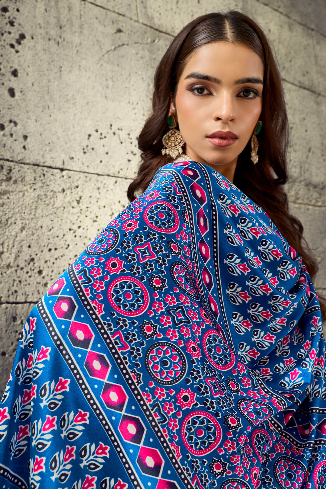 Fun Blue Ajrakh Printed Semi Modal Satin Silk Saree