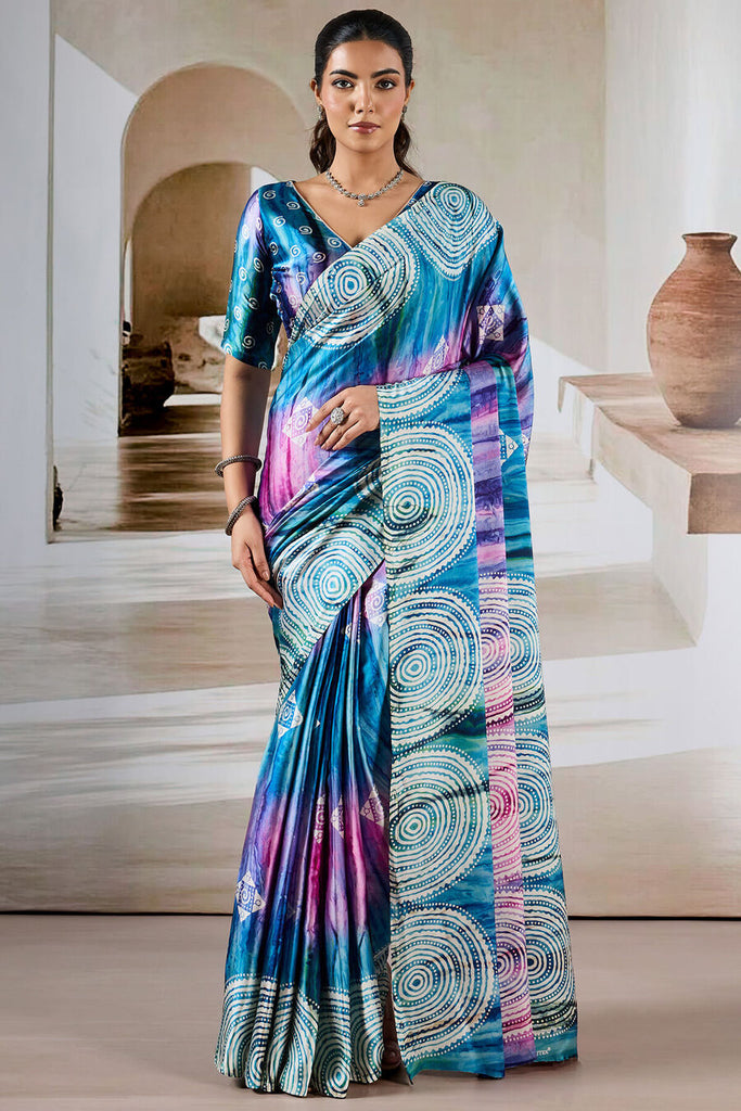 Fun Blue Hand Prism Printed Satin Silk Saree