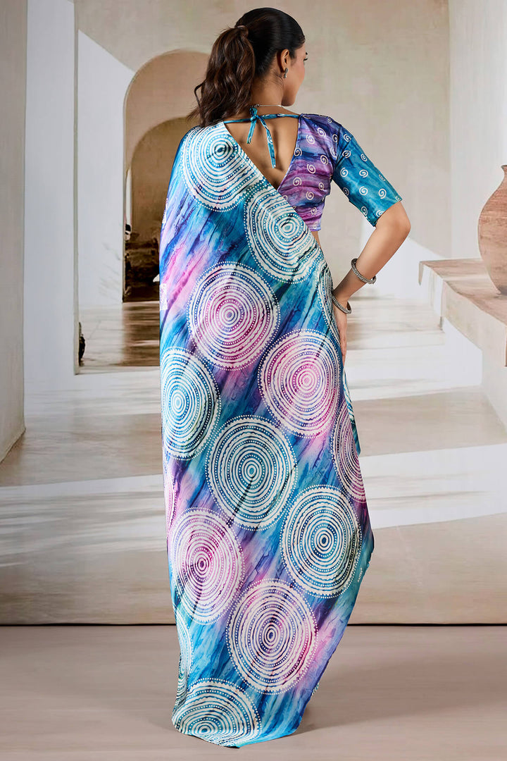 Fun Blue Hand Prism Printed Satin Silk Saree