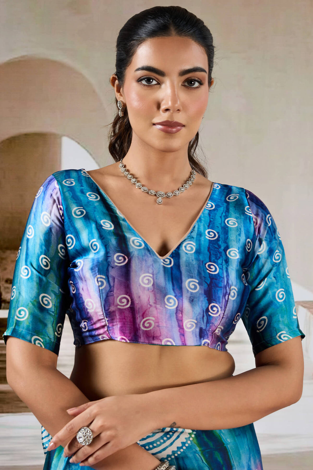 Fun Blue Hand Prism Printed Satin Silk Saree