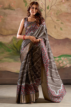 Fuscous Grey Printed Dola Silk Saree