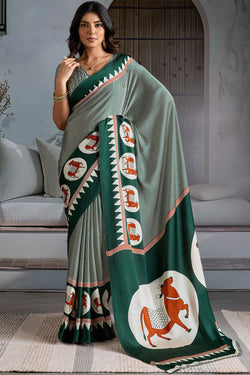 Gable Green Ajrakh Printed Satin Crepe Silk Saree